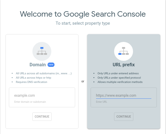 Google search console- select a property type